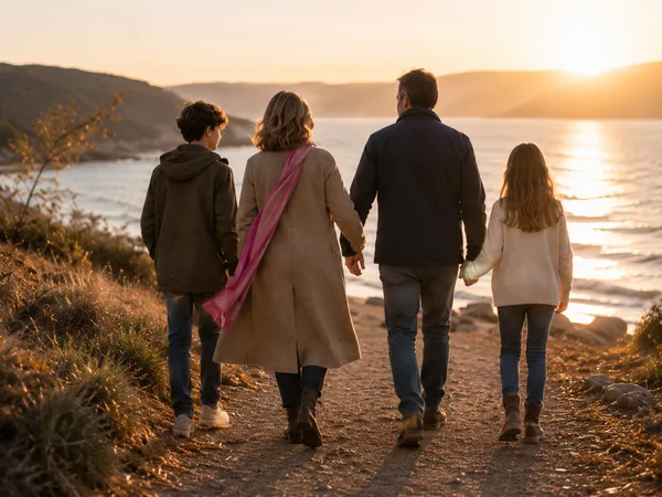 A family of four walking together at sunset — the years beyond