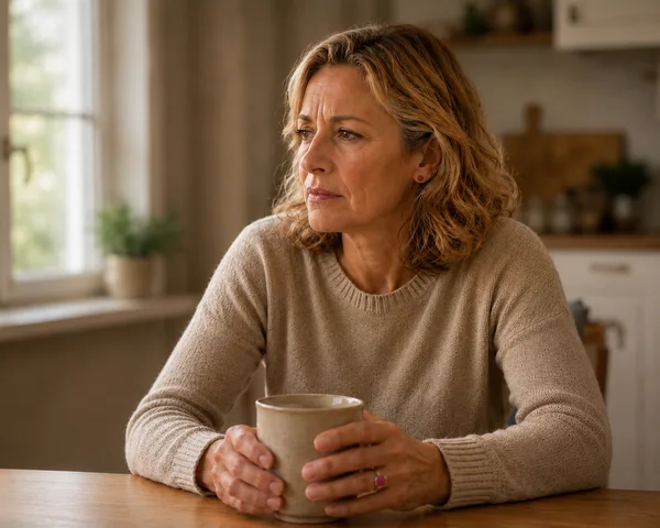 A woman at a kitchen table with a mug, looking out the window