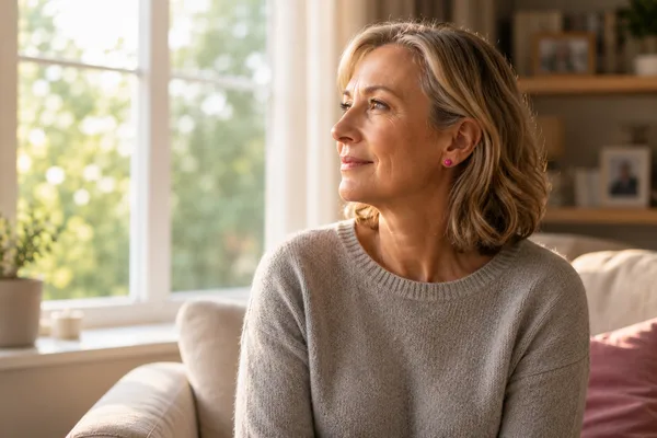 A woman looking forward — composed, the centre of this story
