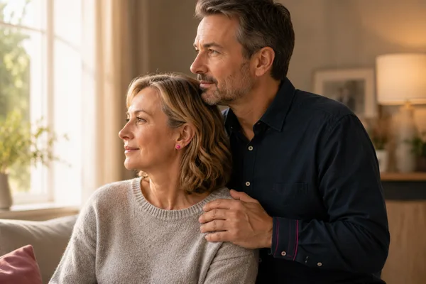 A husband standing behind his wife, hand resting on her shoulder