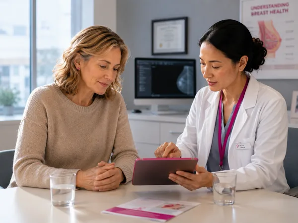 Two women at a kitchen table looking at a tablet together