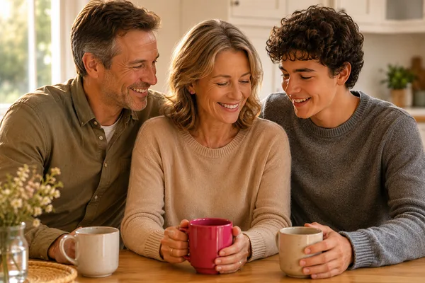 A mother and grown daughter sharing tea, laughing softly