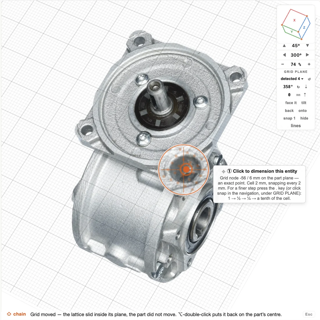 A measuring grid printed into a plane detected on the gearbox, the cursor snapped to a grid node at −56 / 6 mm, with the plane navigator in the corner
