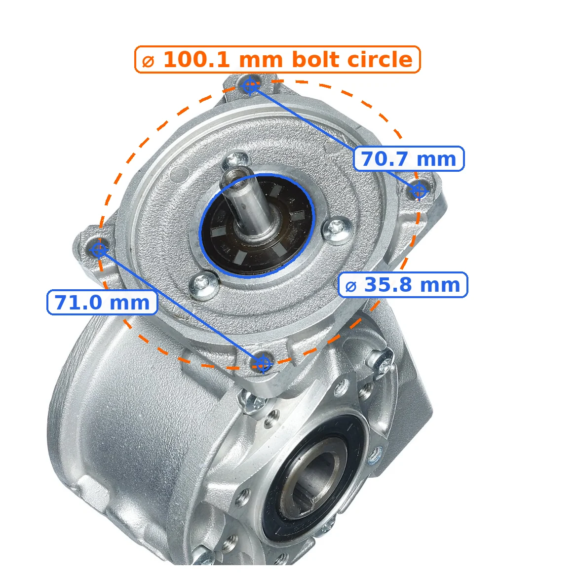 Predefined dimensions on the flange: bolt circle ⌀ 100.1, spigot ⌀ 35.8 and hole pitches drawn on the photo