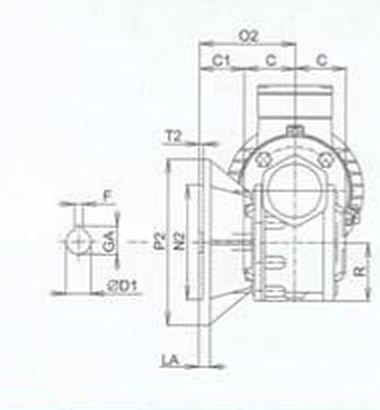 Output flange section with letters P2, N2, M2, ØD1